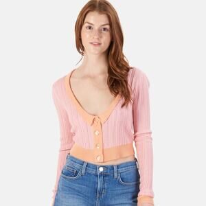 For Love & Lemons Phoebe Pink Pointelle Cropped Cardigan Women's Large